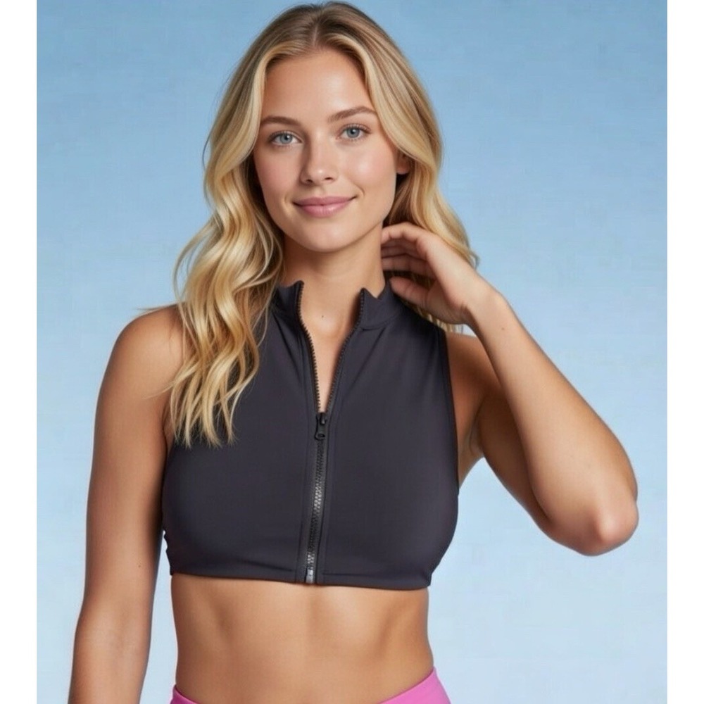 NWT Wild Fable Women's Zip padded‎ M Medium black Bikini Top Sports Bra Swim